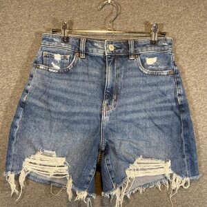 American Eagle Womens Distressed High Waisted Denim Shorts Medium Wash Blue 14in